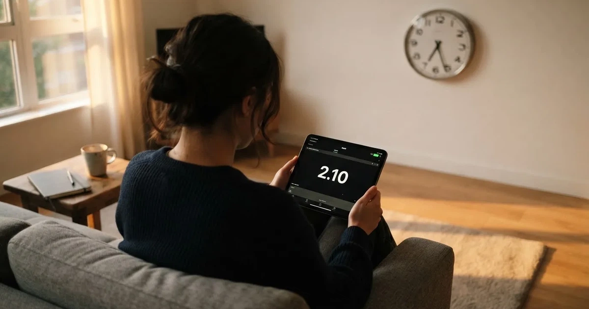 A person on a sofa looking thoughtfully at a tablet, a wall clock in the background