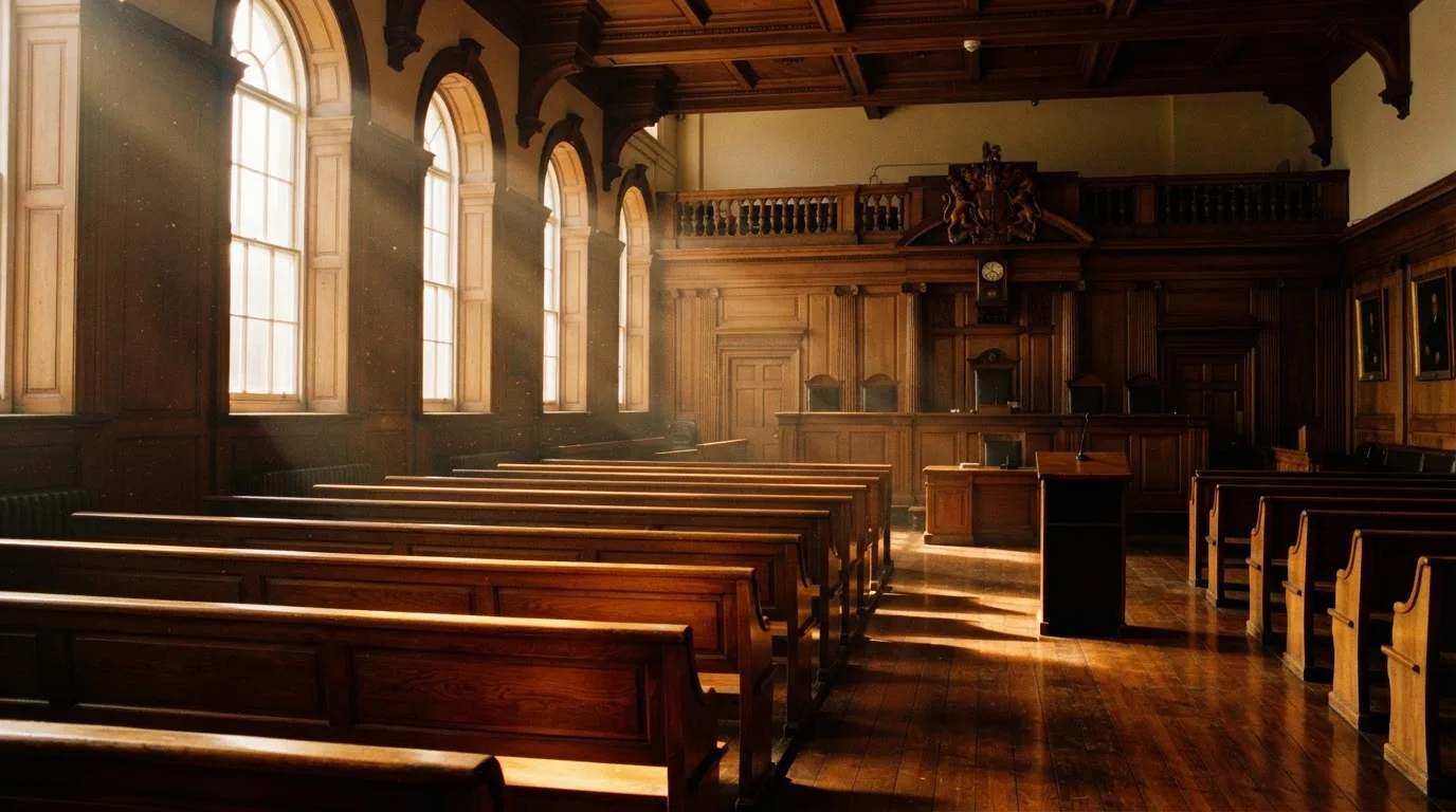 An empty courtroom with wooden benches in morning light