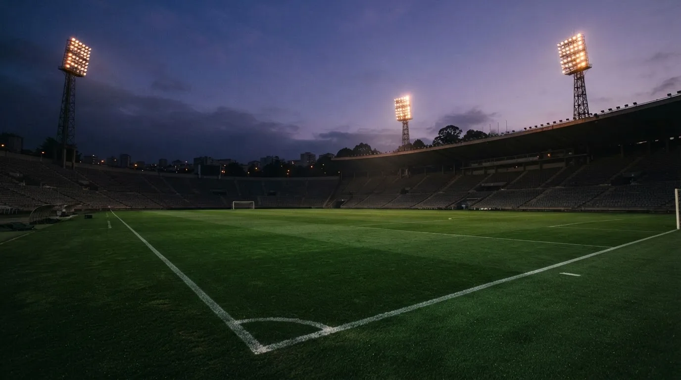 An empty football stadium with floodlight masts at dusk