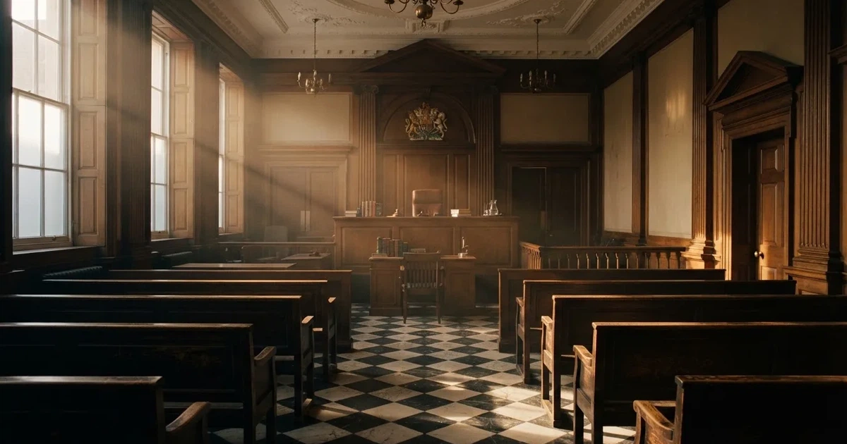 An empty courtroom with wooden benches in morning light