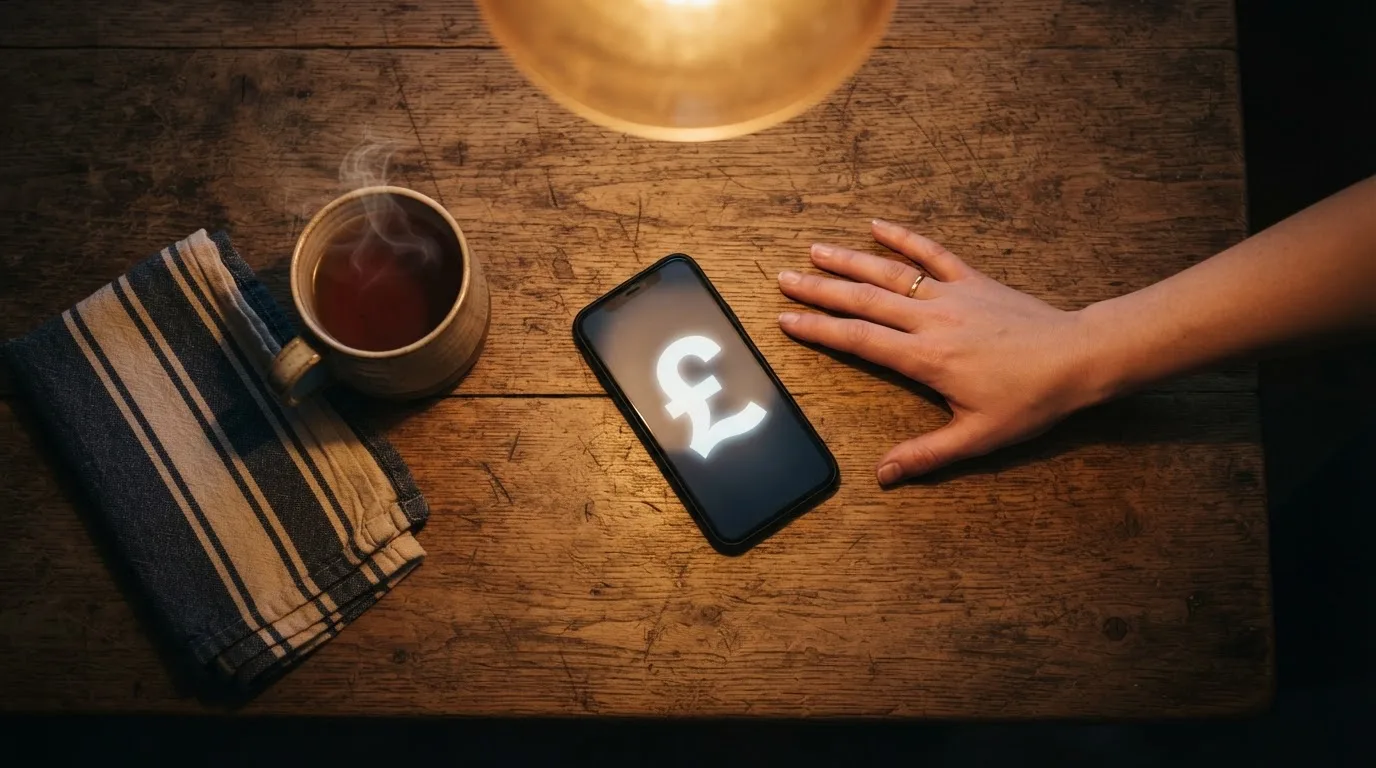 A hand setting a smartphone down beside a cup of tea on a kitchen table on a quiet evening