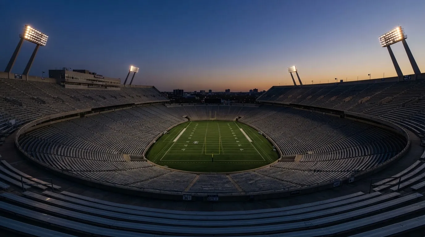 An empty football stadium with floodlight masts at dusk