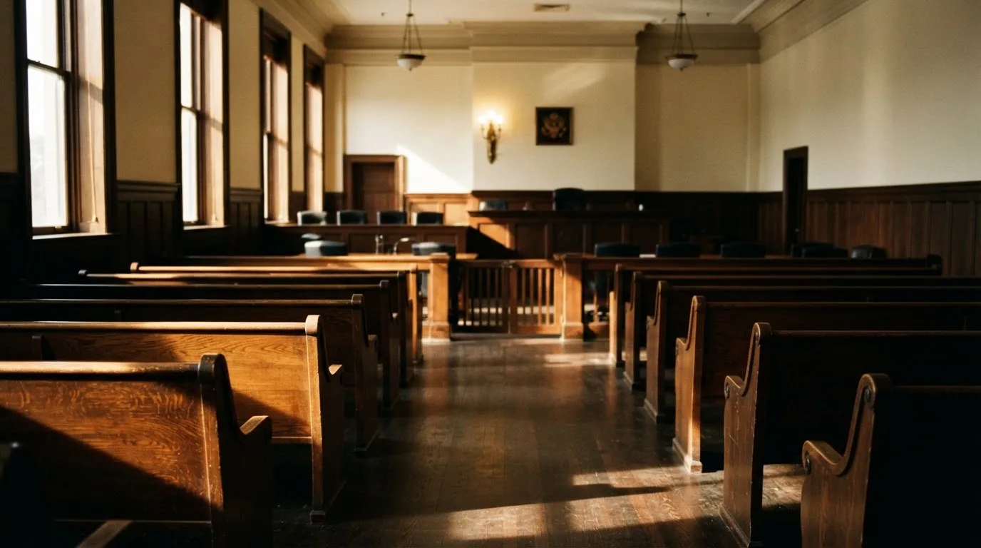 An empty courtroom with wooden benches in morning light