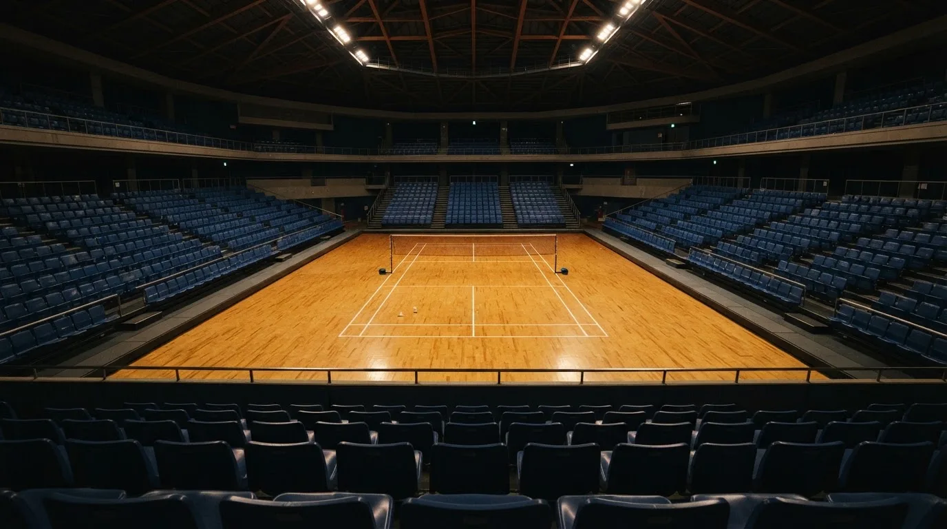 An empty football stadium with floodlight masts at dusk