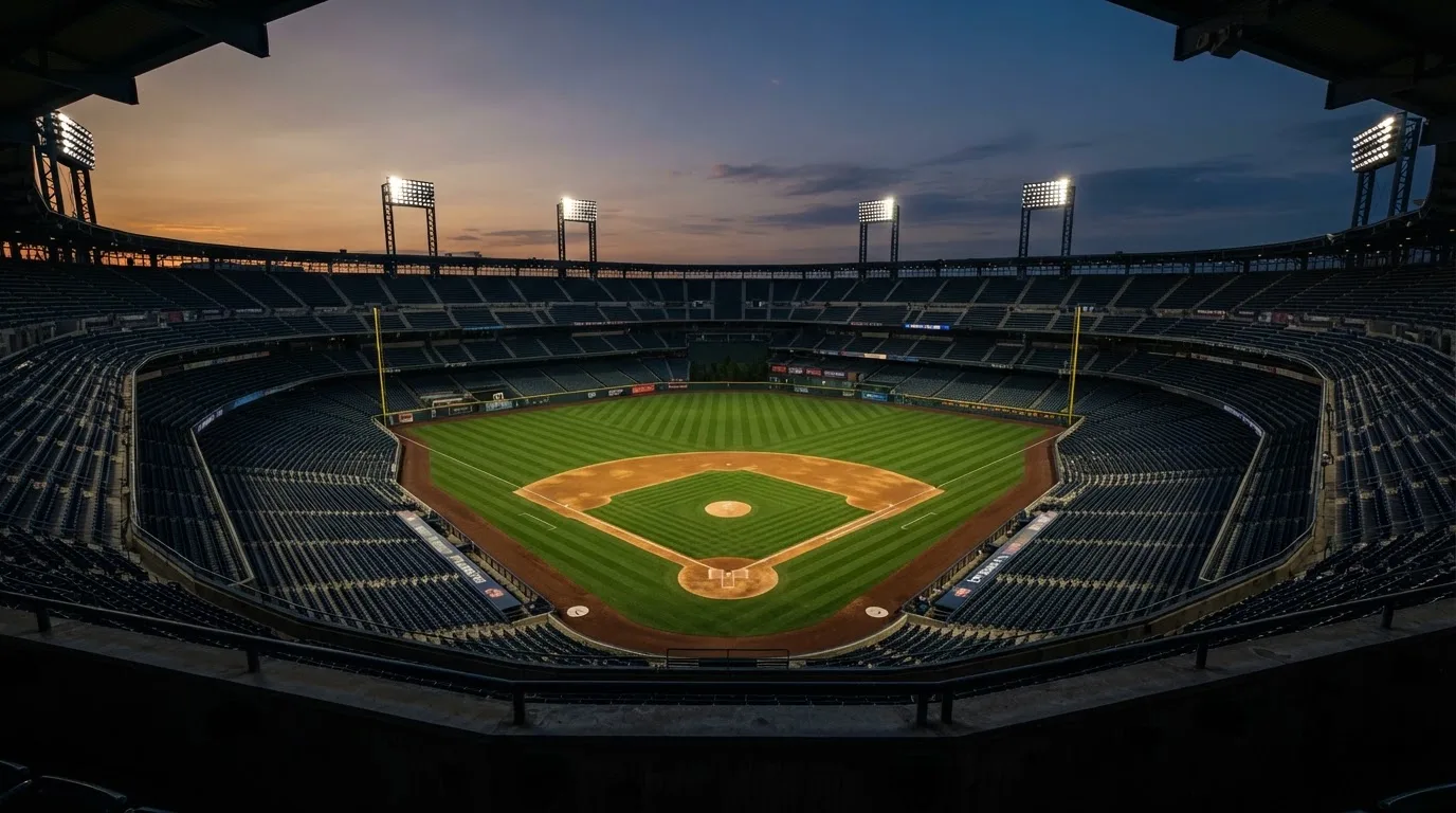 An empty football stadium with floodlight masts at dusk