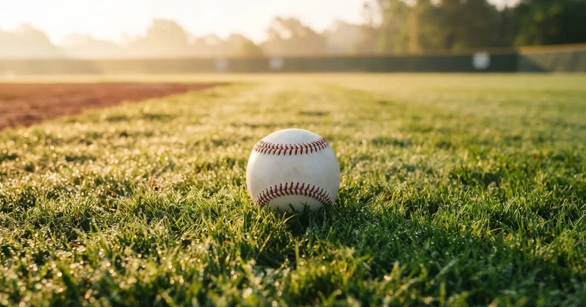 A ball on the centre spot of a grass pitch in morning light