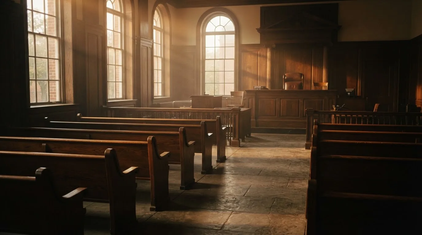 An empty courtroom with wooden benches in morning light