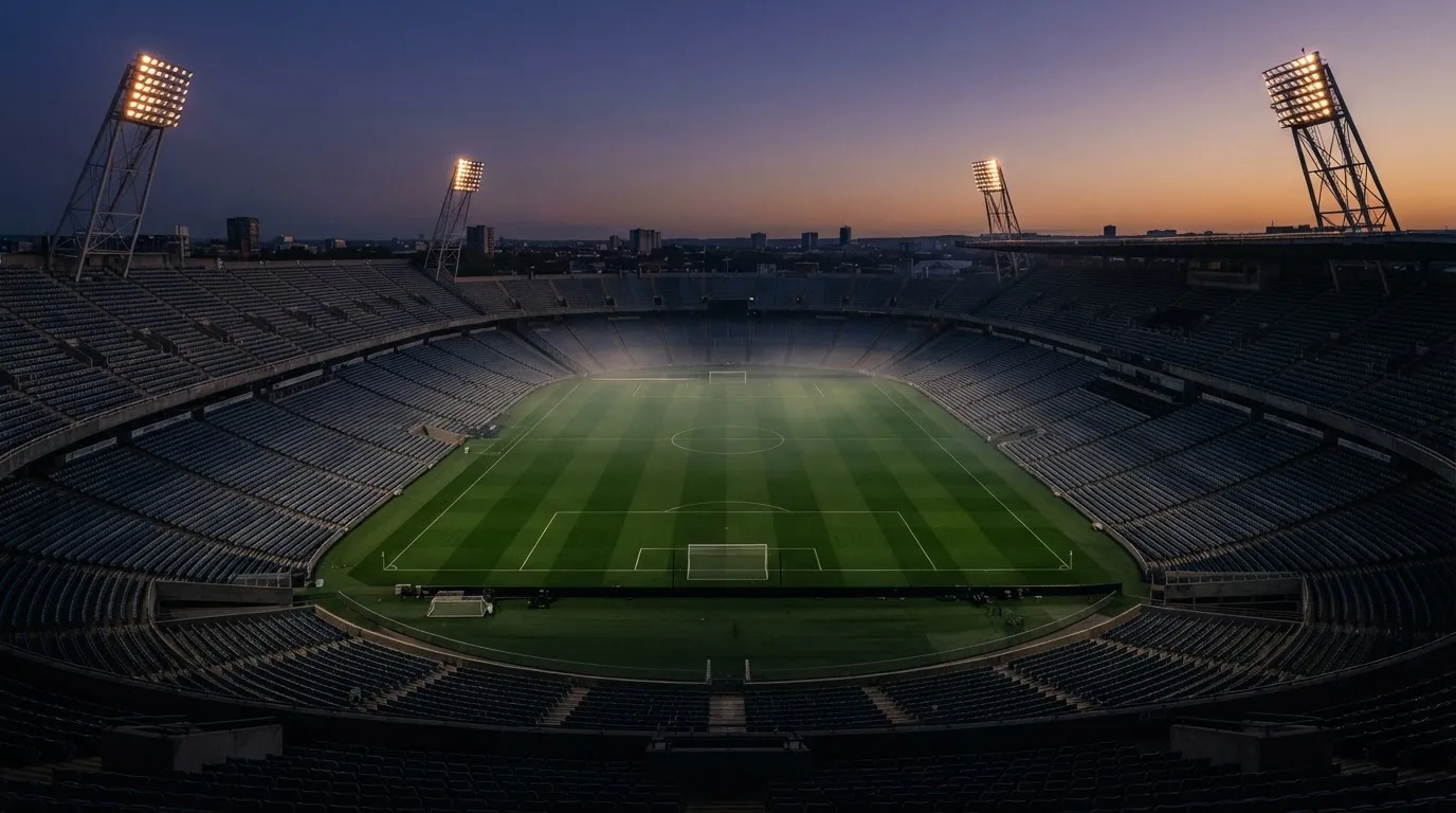 An empty football stadium with floodlight masts at dusk