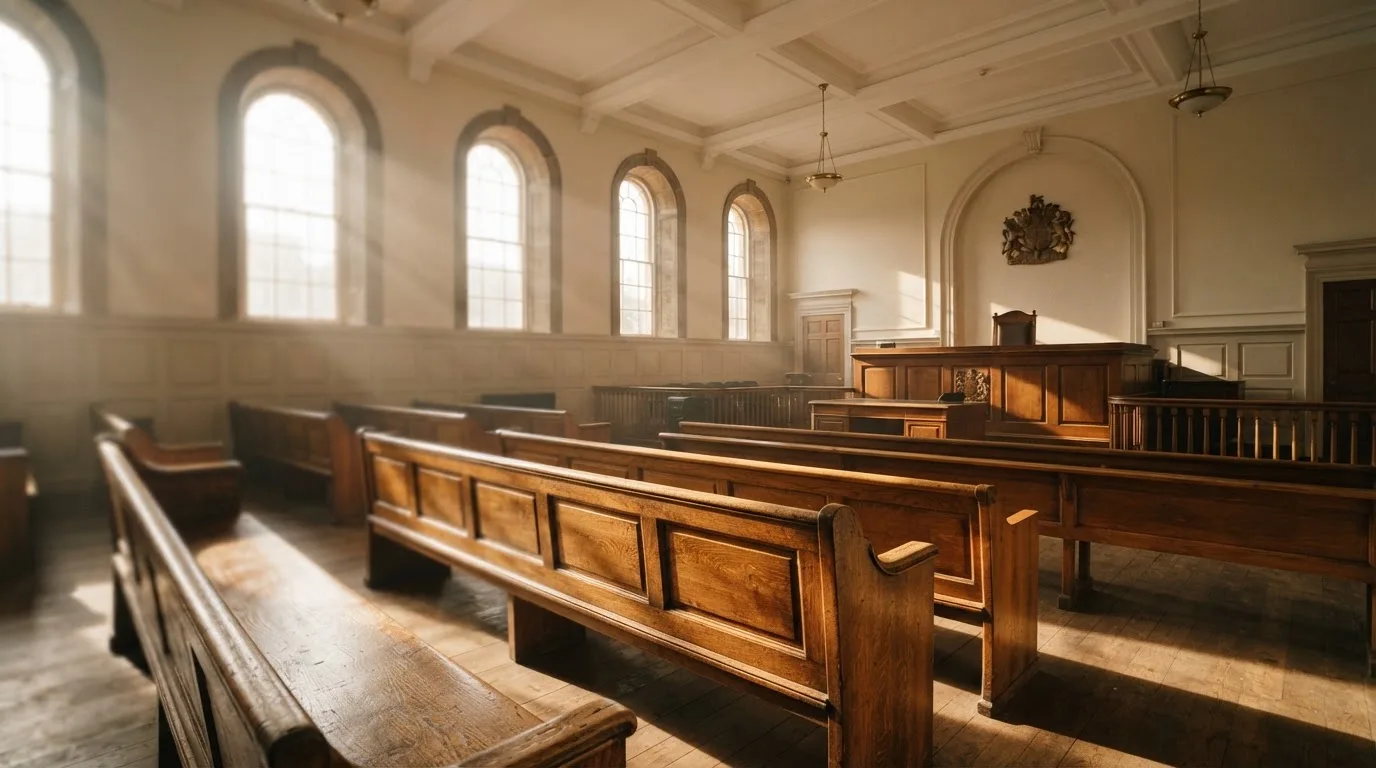 An empty courtroom with wooden benches in morning light