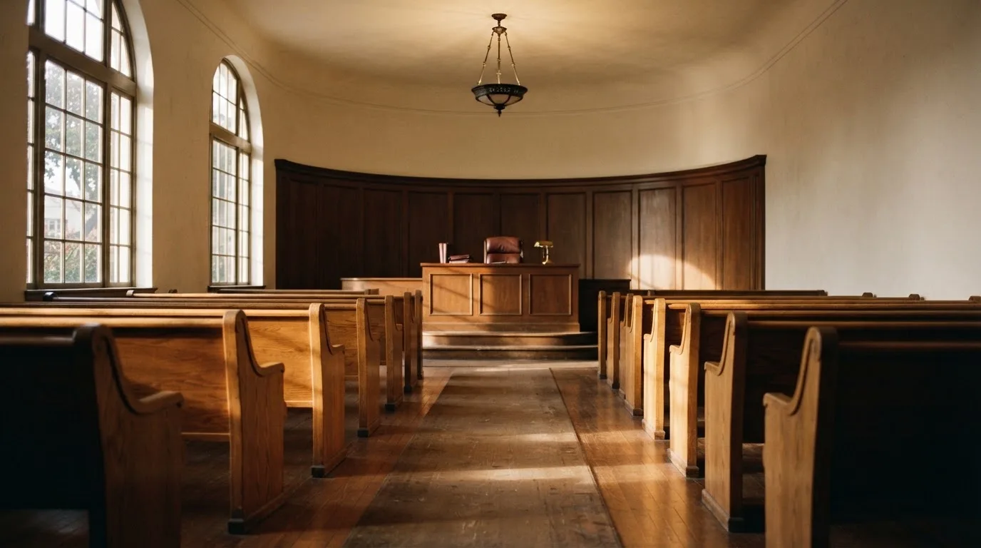 An empty courtroom with wooden benches in morning light