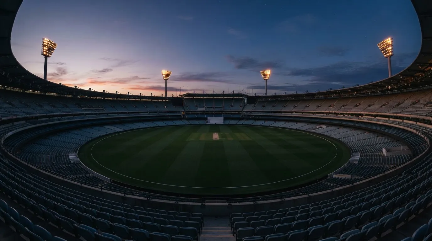 An empty football stadium with floodlight masts at dusk