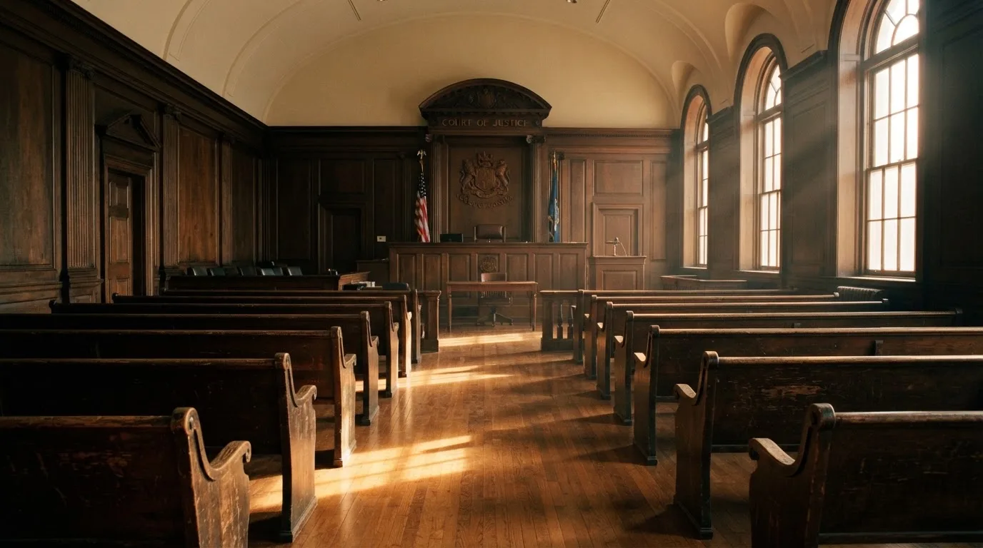 An empty courtroom with wooden benches in morning light