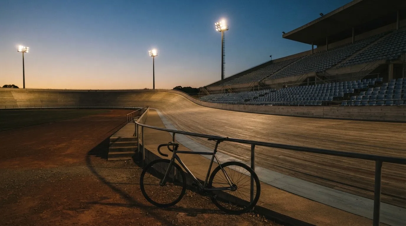 An empty football stadium with floodlight masts at dusk