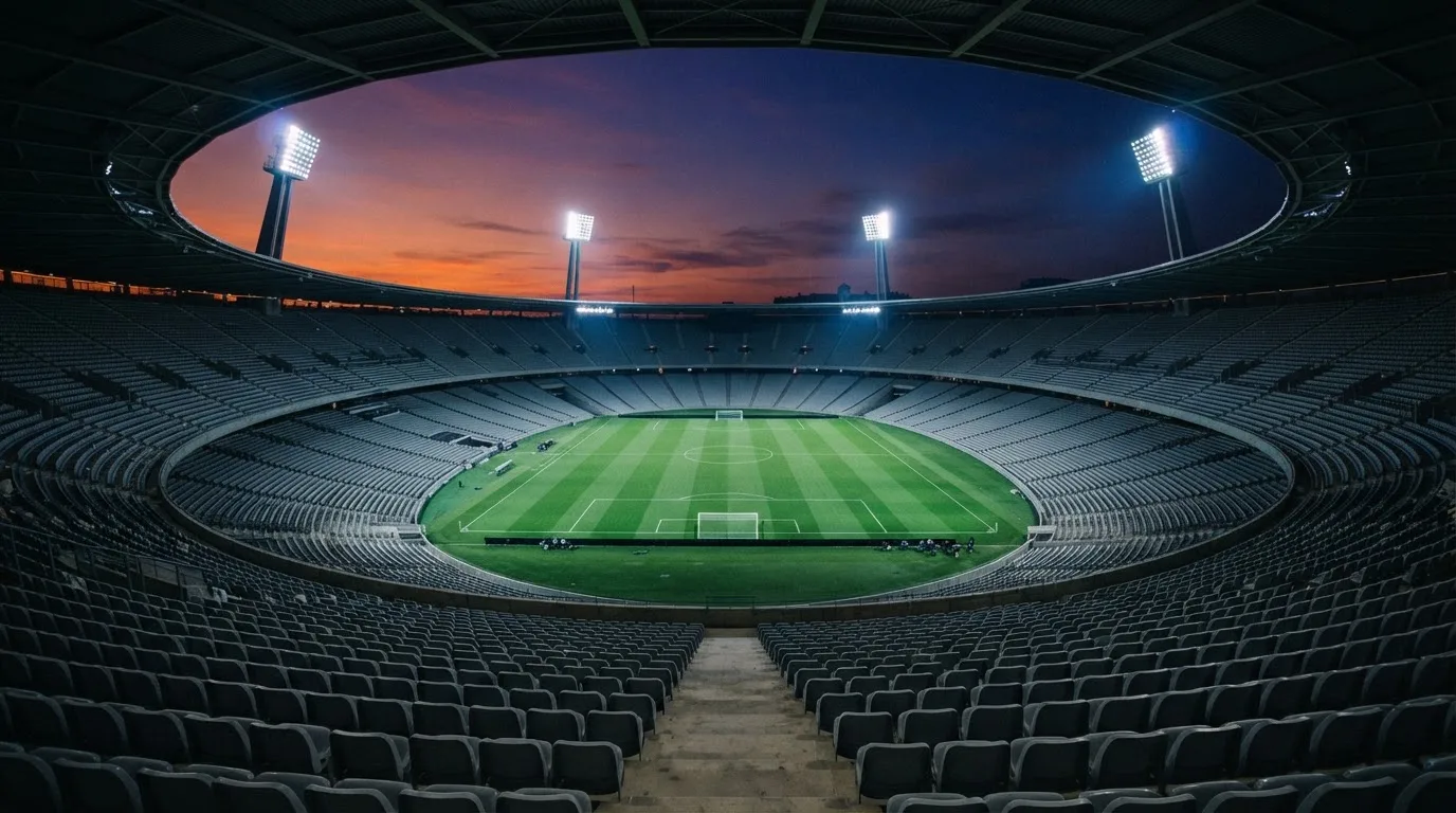 An empty football stadium with floodlight masts at dusk