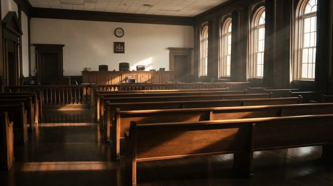 An empty courtroom with wooden benches in morning light