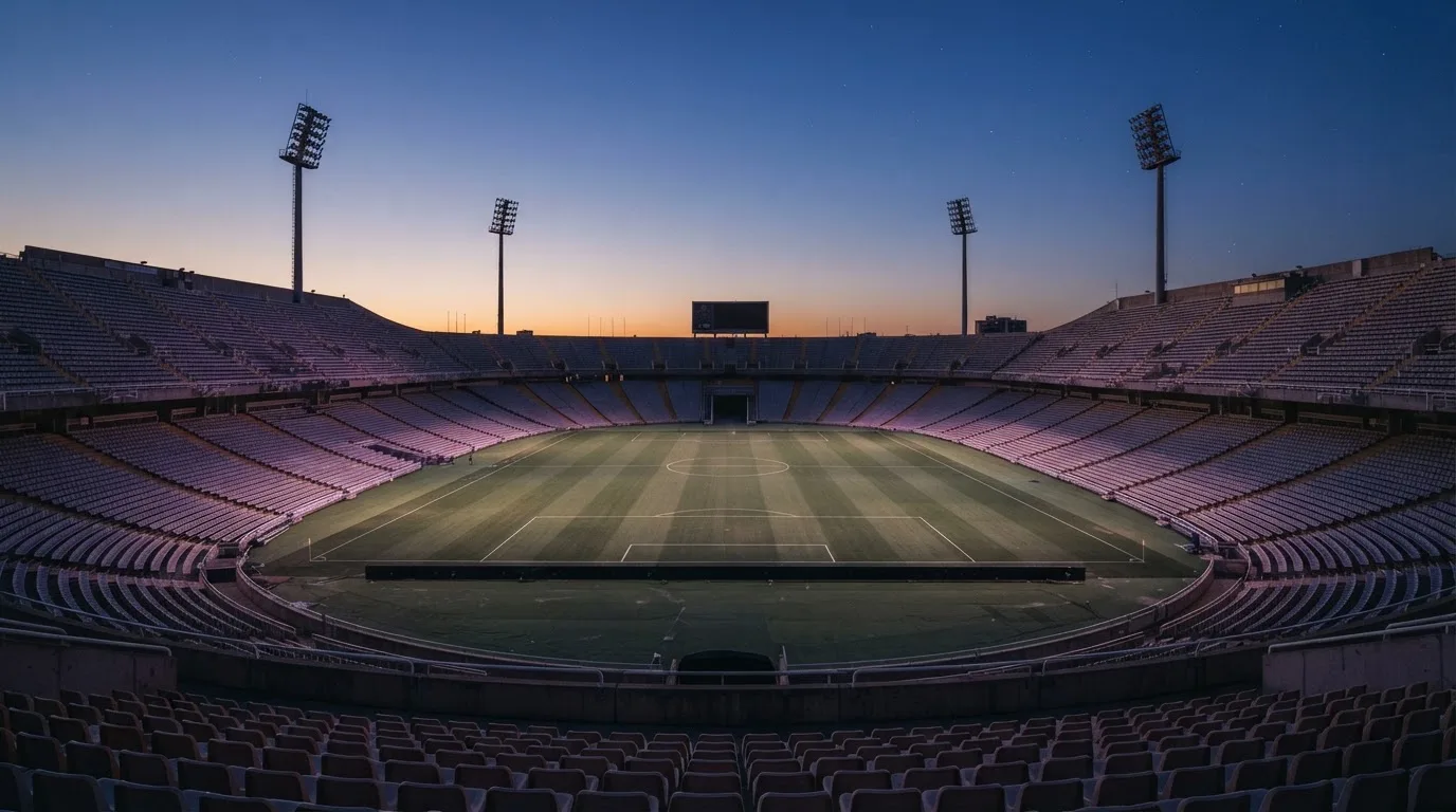 An empty football stadium with floodlight masts at dusk