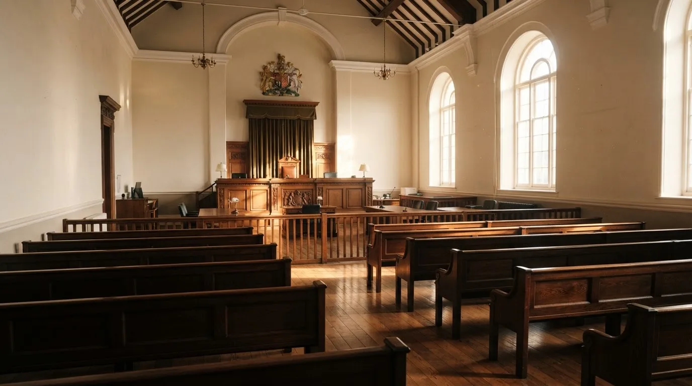 An empty courtroom with wooden benches in morning light