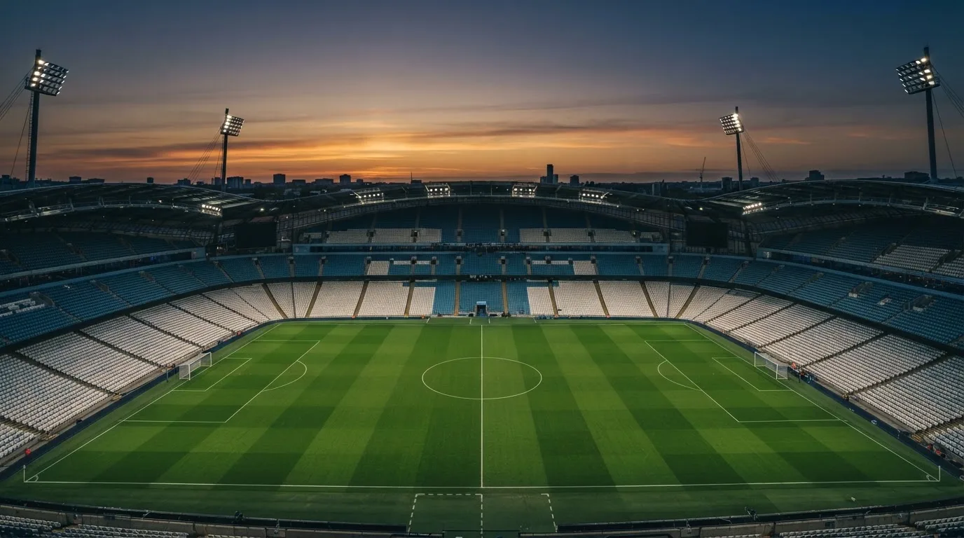 An empty football stadium with floodlight masts at dusk