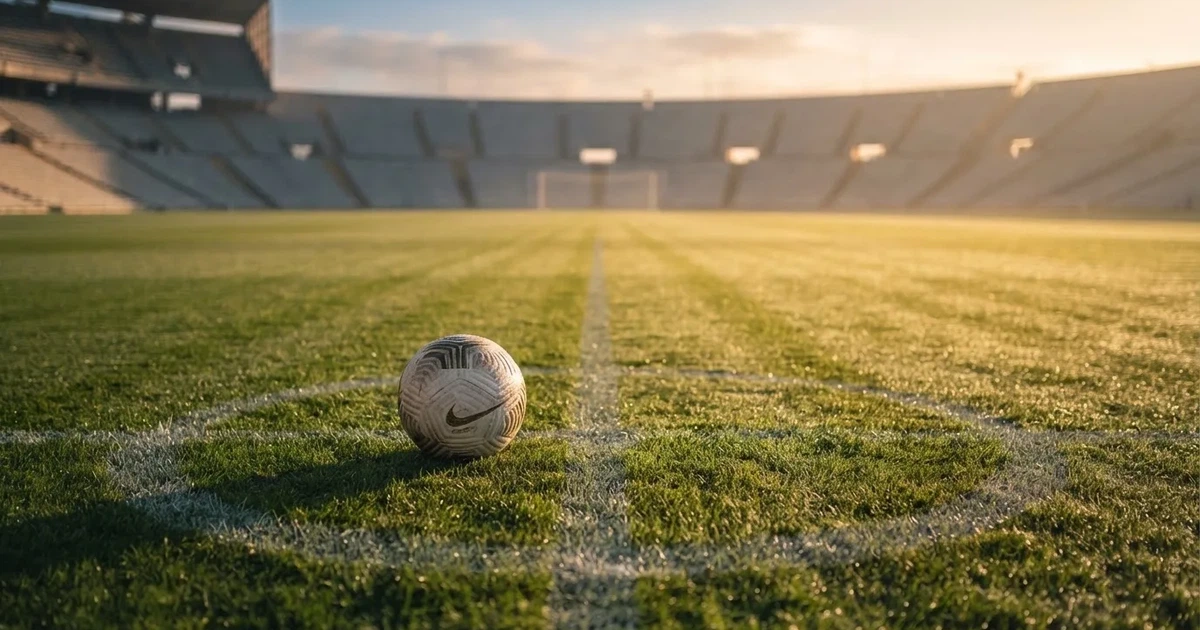 A ball on the centre spot of a grass pitch in morning light