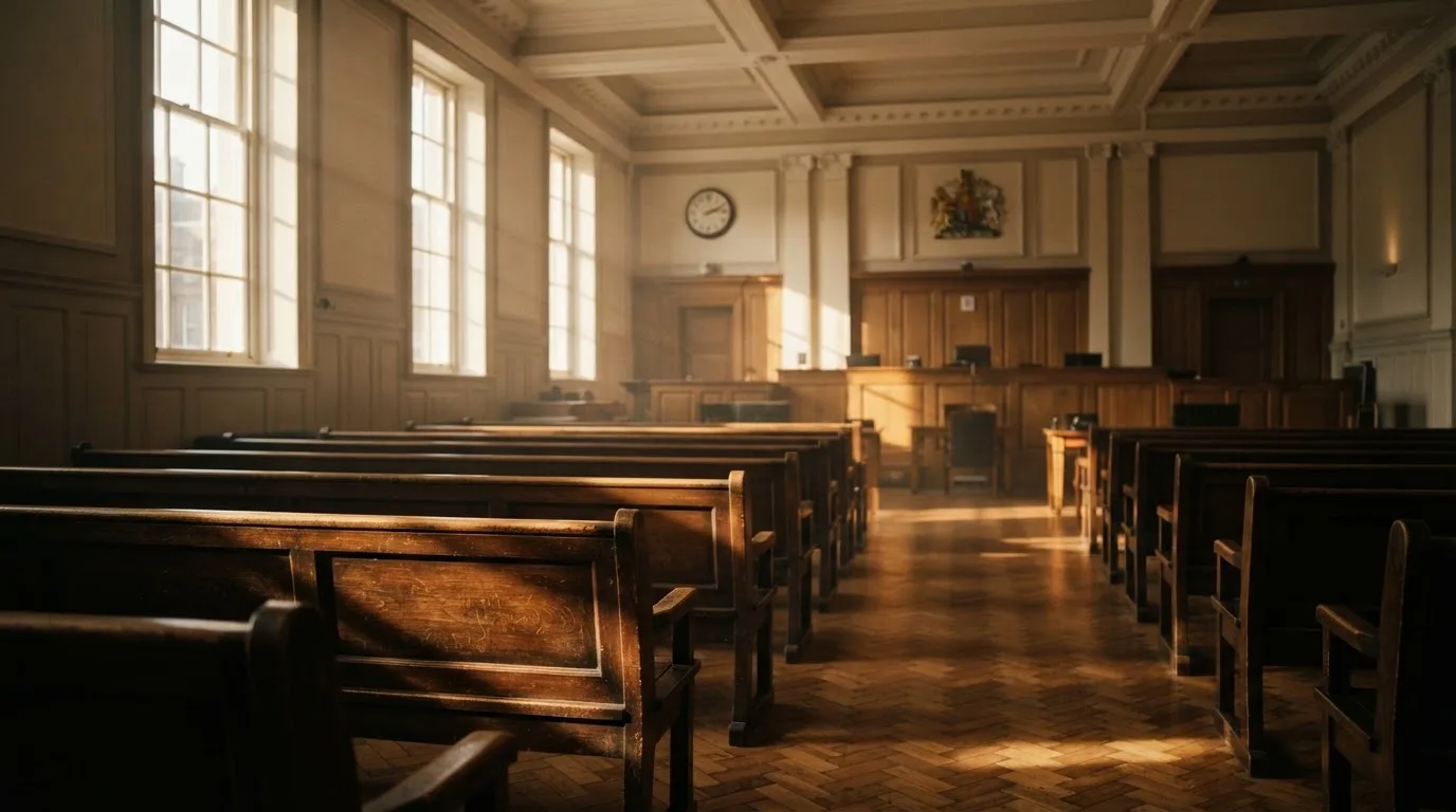An empty courtroom with wooden benches in morning light