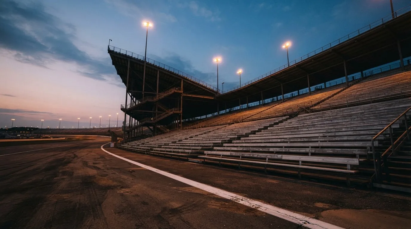 An empty football stadium with floodlight masts at dusk