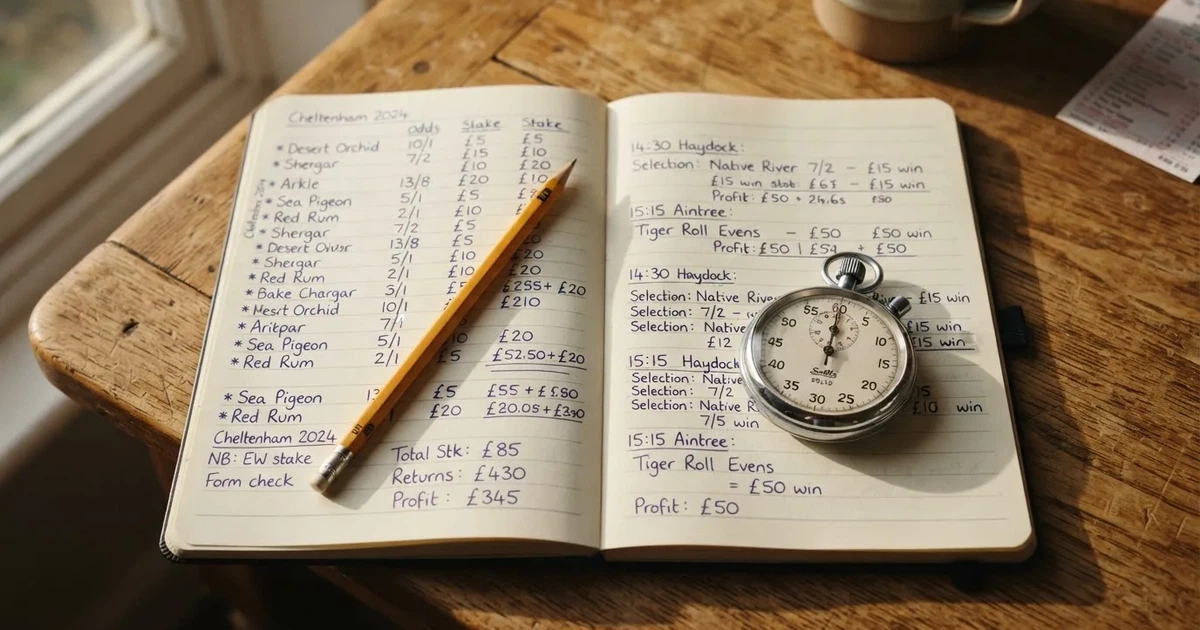 An open notebook with a pencil and a stopwatch on a wooden table