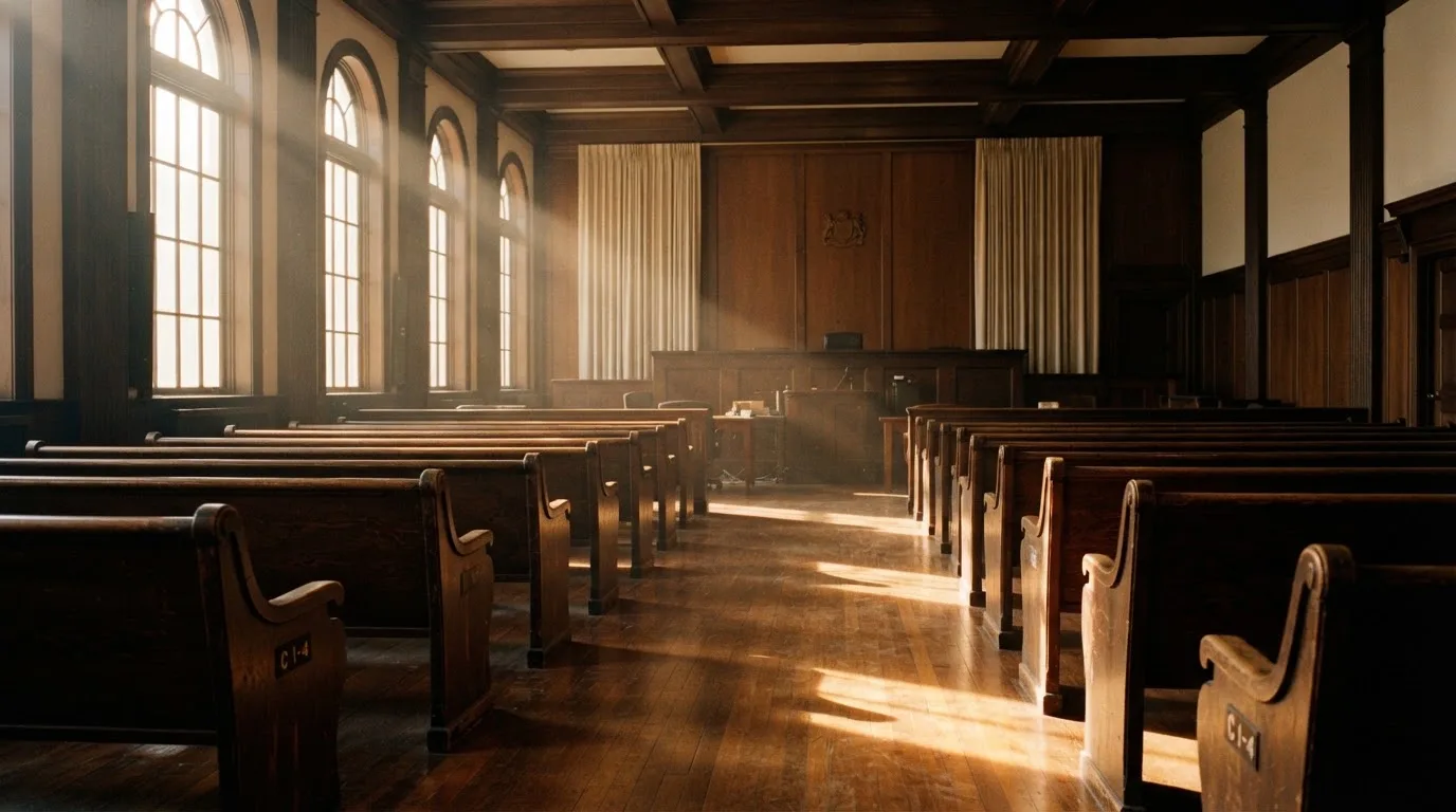 An empty courtroom with wooden benches in morning light