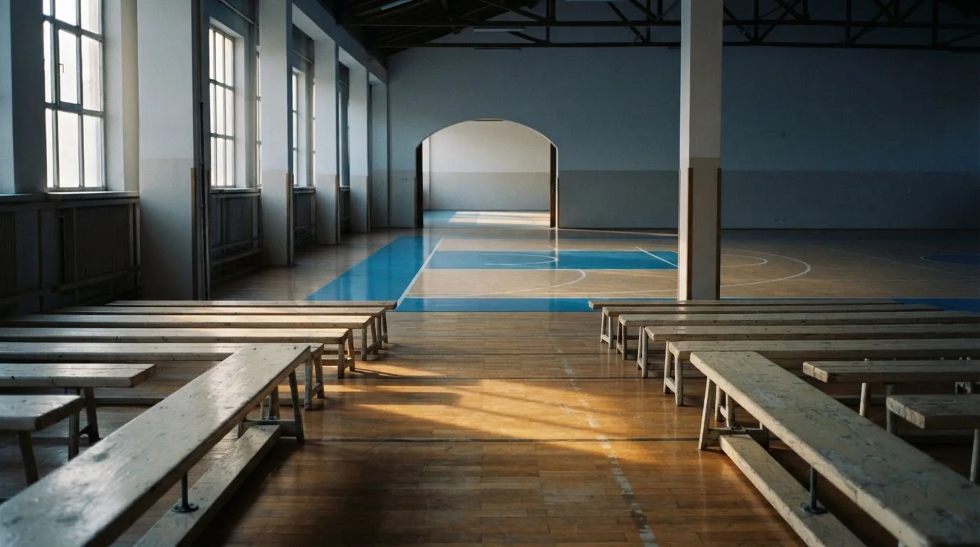 An empty courtroom with wooden benches in morning light