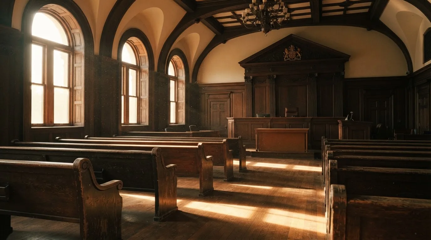 An empty courtroom with wooden benches in morning light