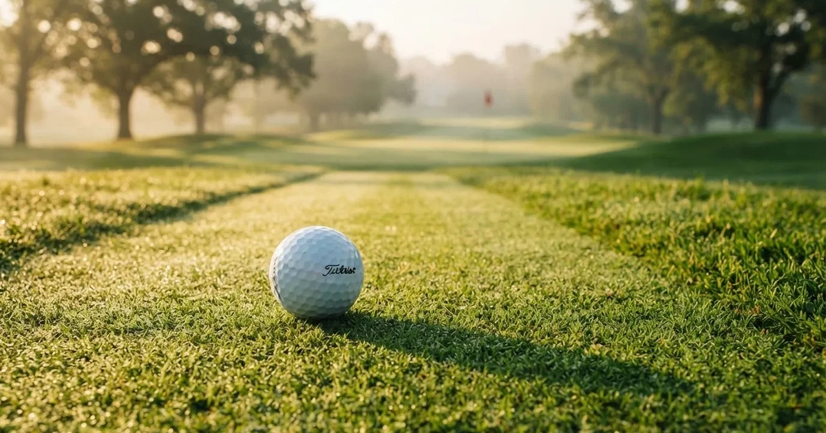A ball on the centre spot of a grass pitch in morning light