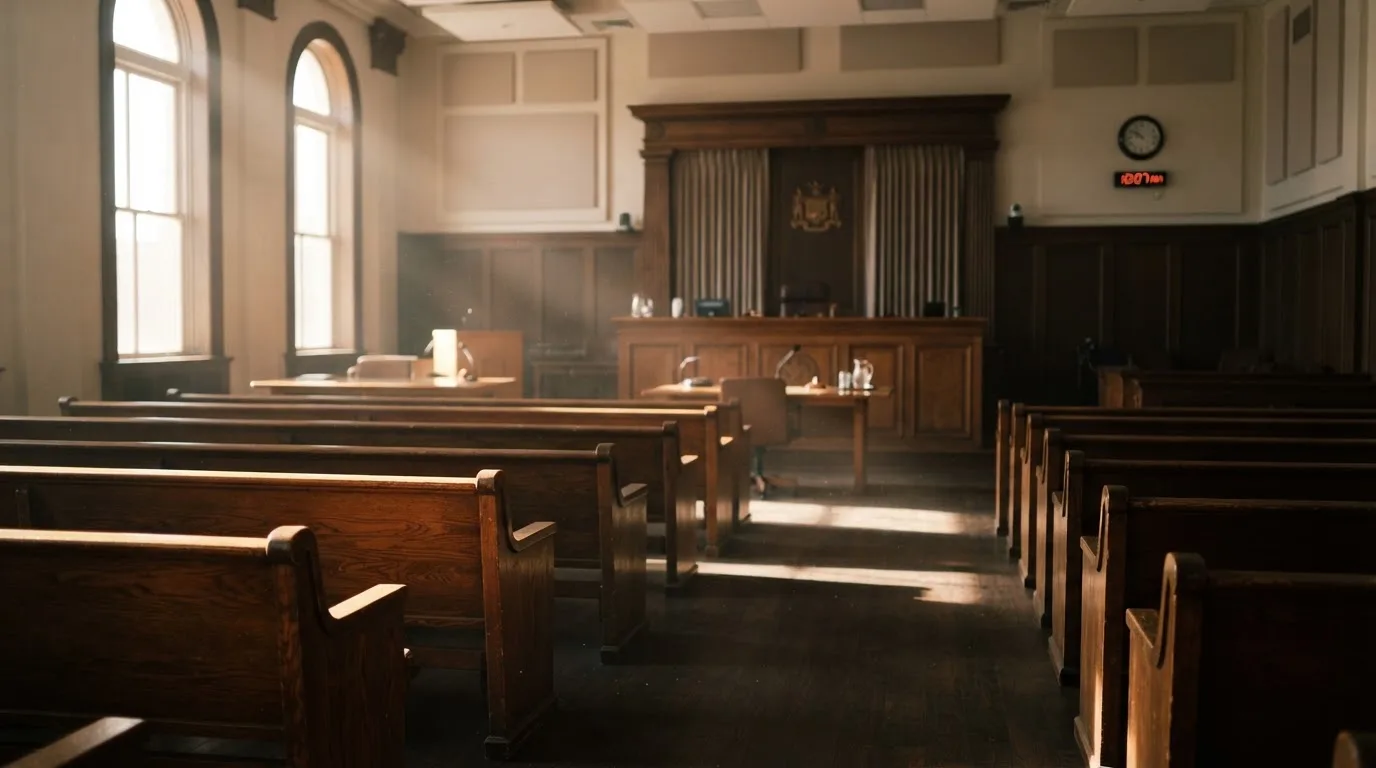 An empty courtroom with wooden benches in morning light