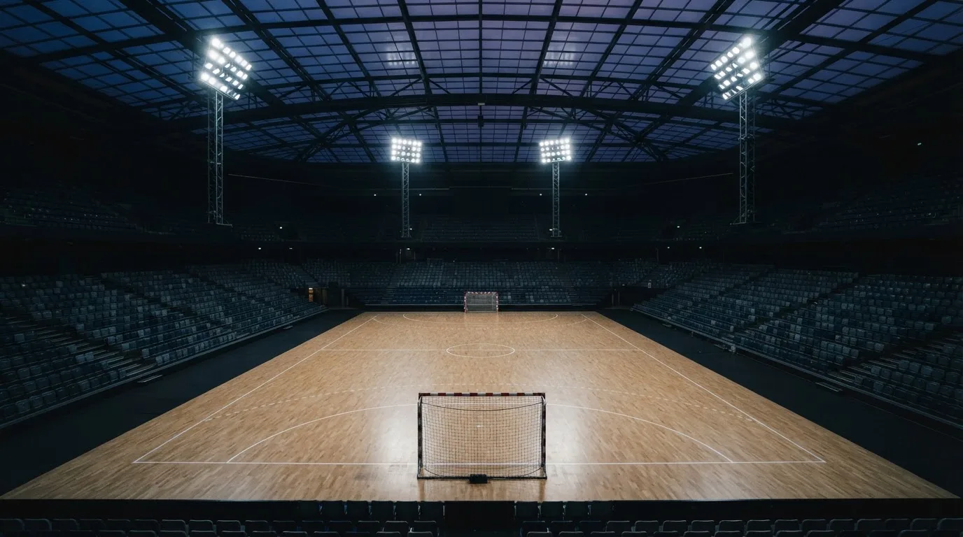 An empty football stadium with floodlight masts at dusk