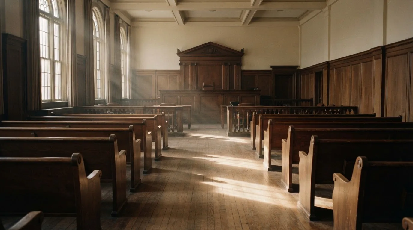 An empty courtroom with wooden benches in morning light