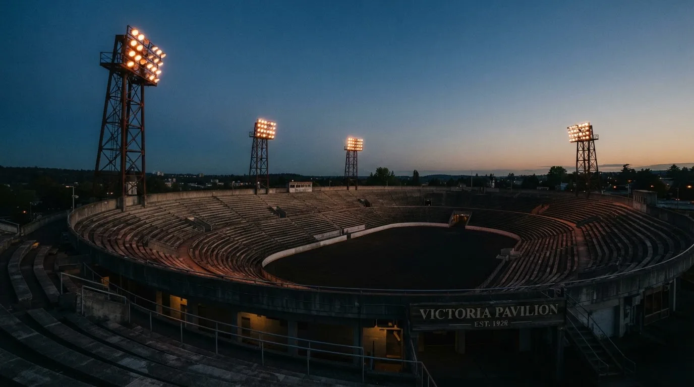 An empty football stadium with floodlight masts at dusk