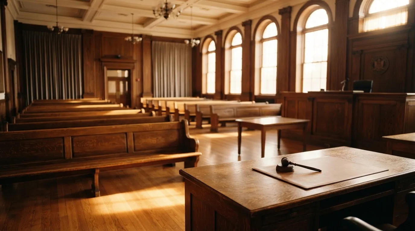 An empty courtroom with wooden benches in morning light