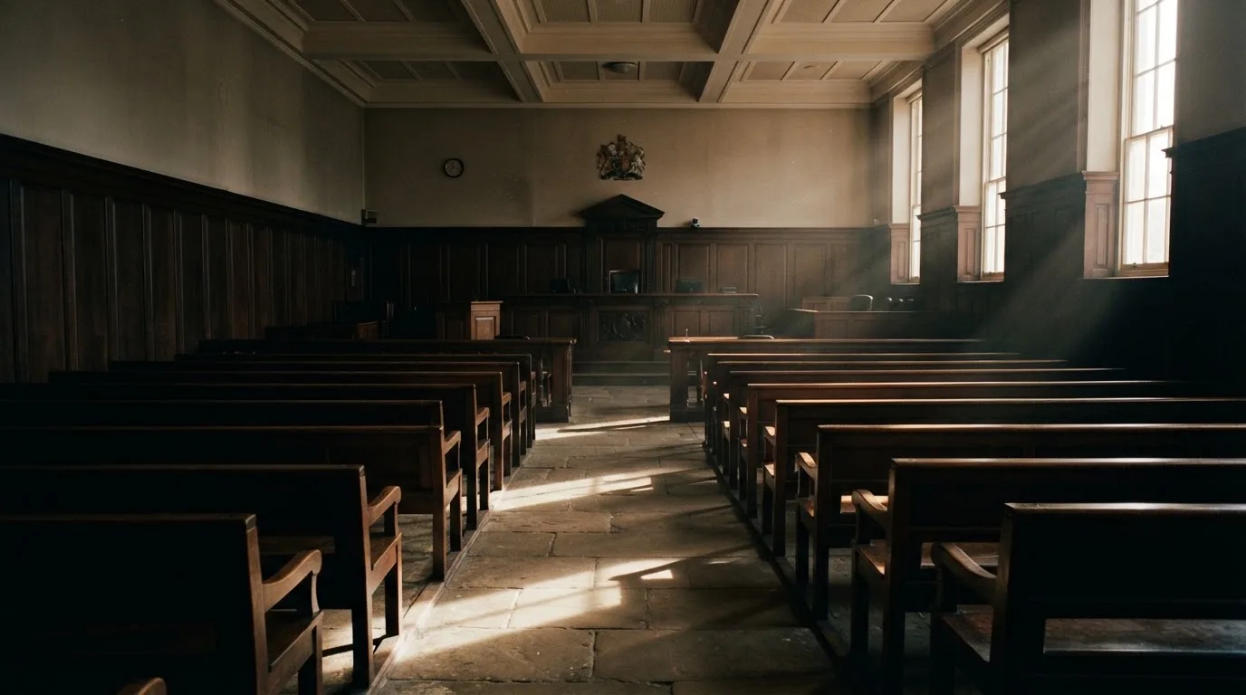 An empty courtroom with wooden benches in morning light