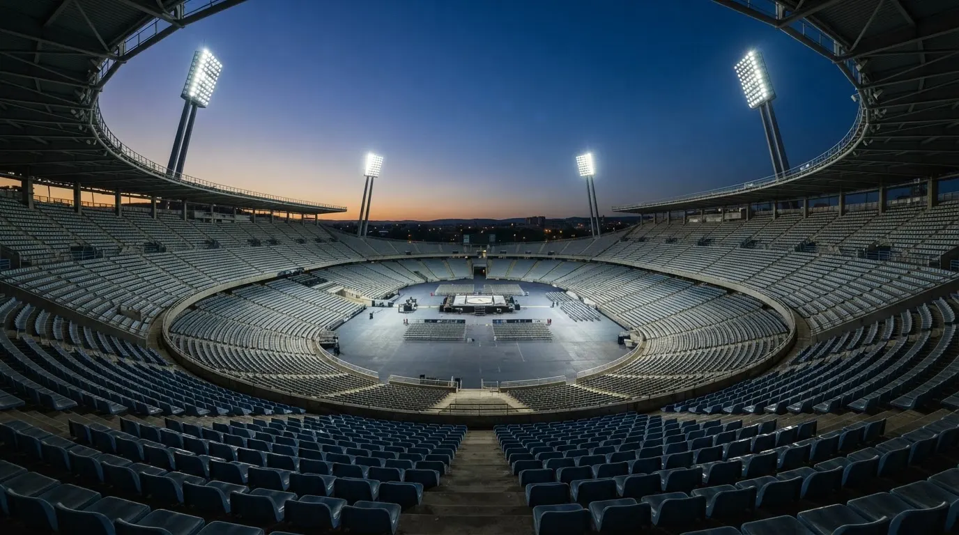An empty football stadium with floodlight masts at dusk