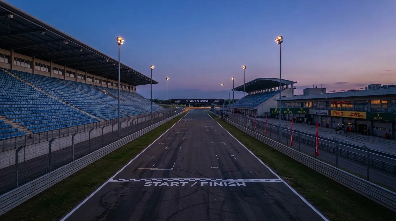 An empty football stadium with floodlight masts at dusk