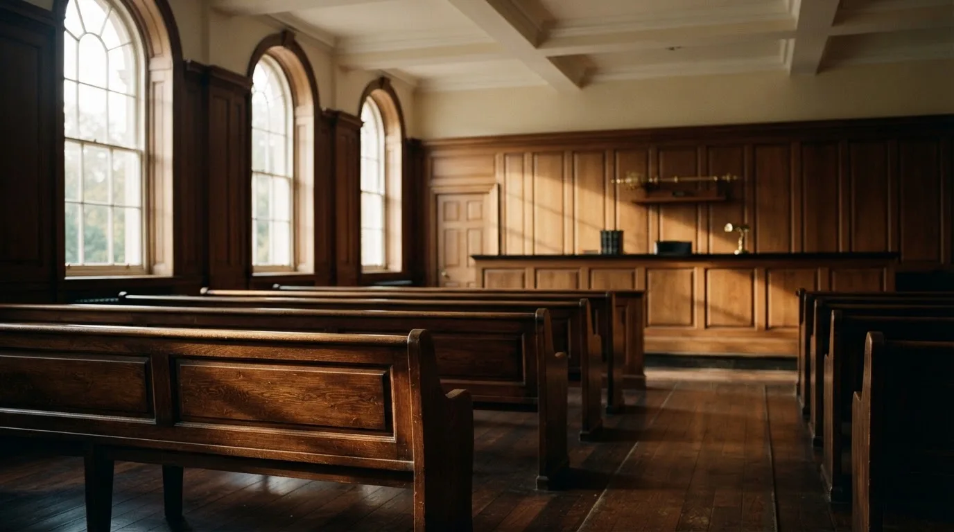 An empty courtroom with wooden benches in morning light