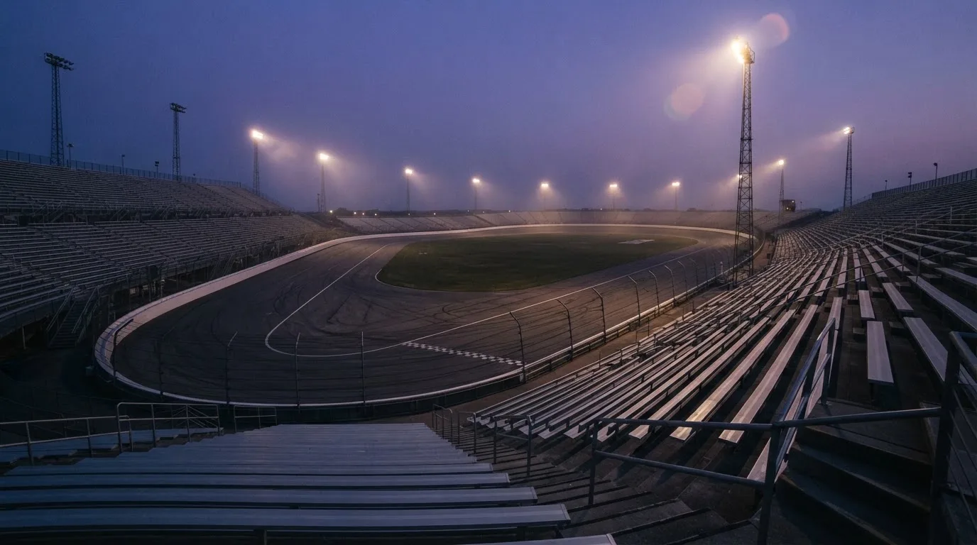 An empty football stadium with floodlight masts at dusk
