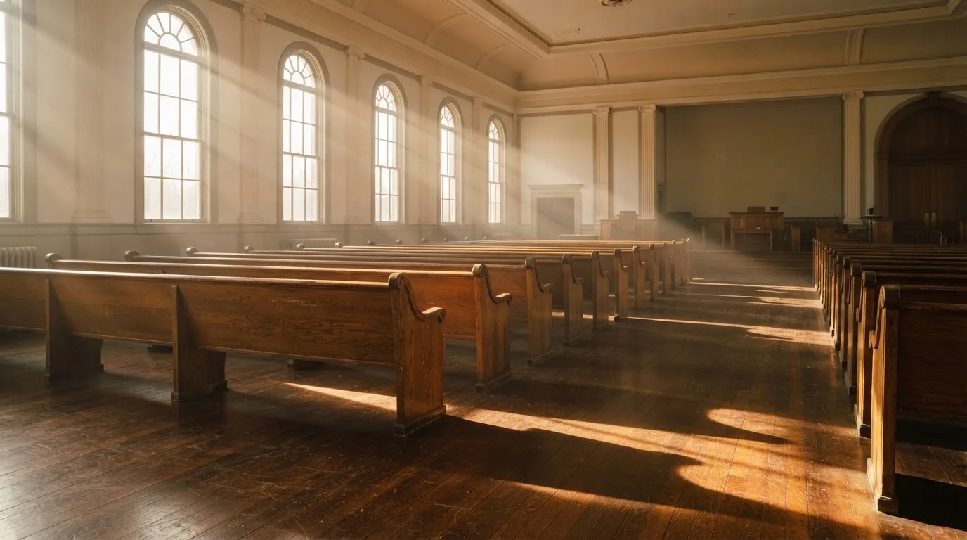 An empty courtroom with wooden benches in morning light