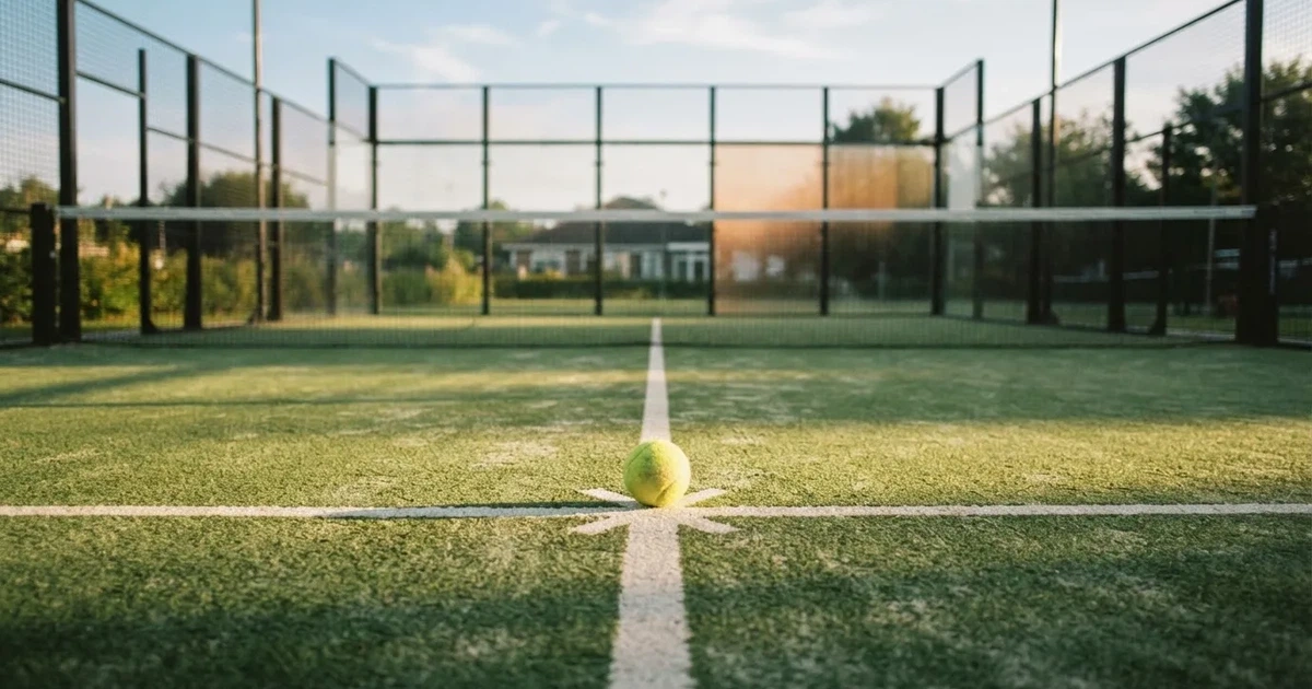A ball on the centre spot of a grass pitch in morning light