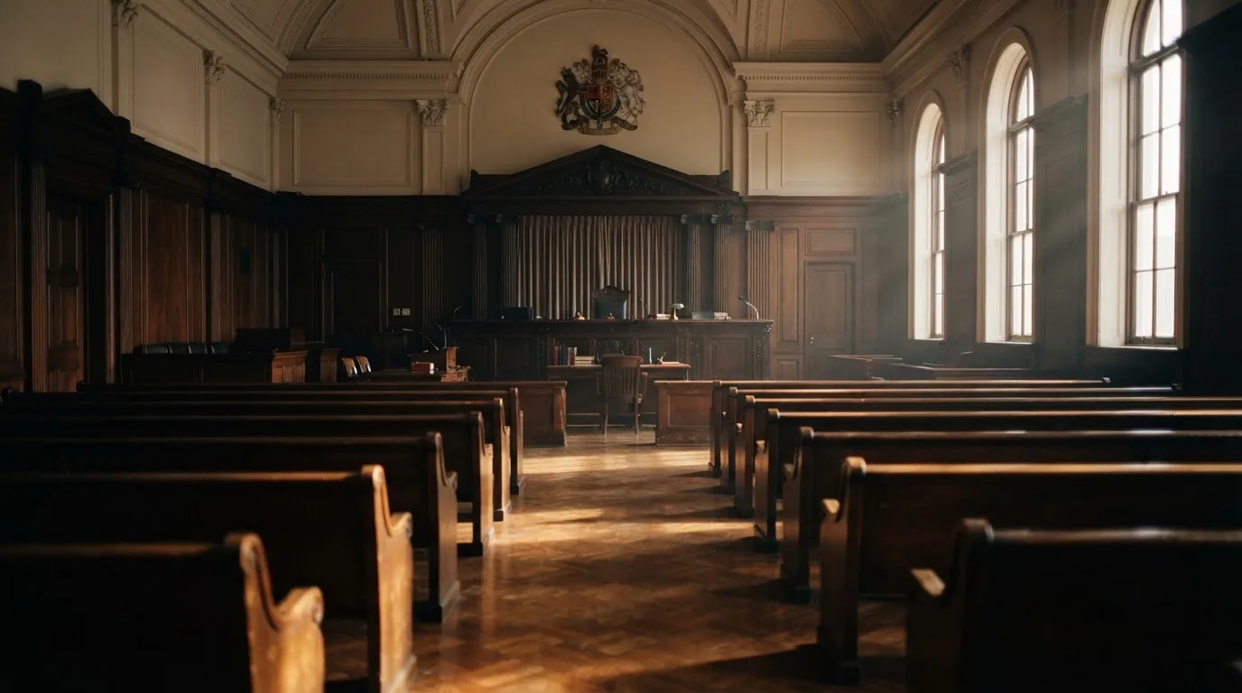 An empty courtroom with wooden benches in morning light