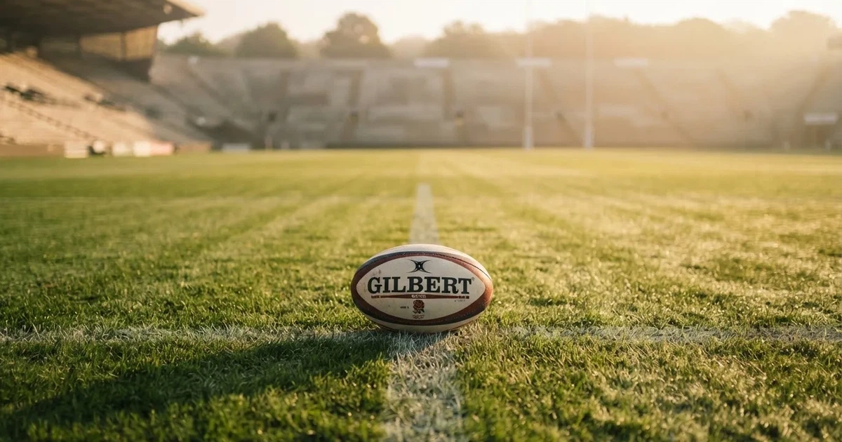 A ball on the centre spot of a grass pitch in morning light