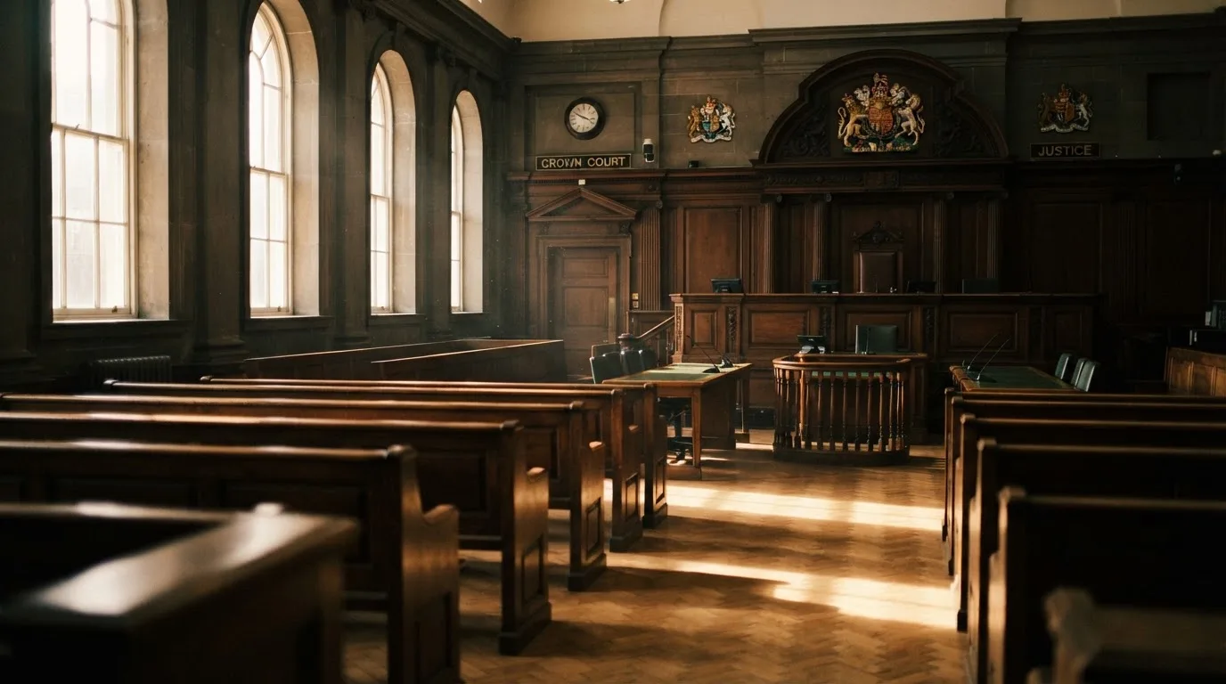 An empty courtroom with wooden benches in morning light