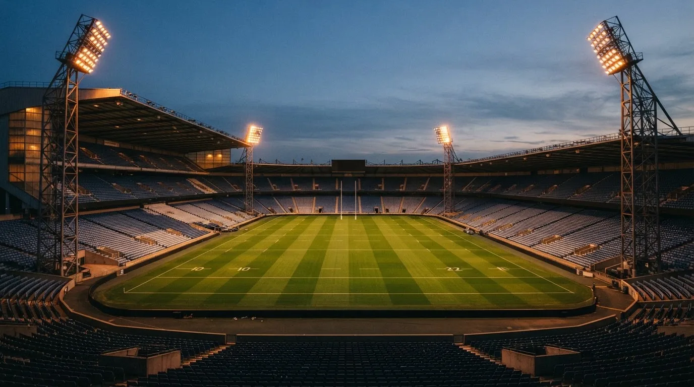 An empty football stadium with floodlight masts at dusk