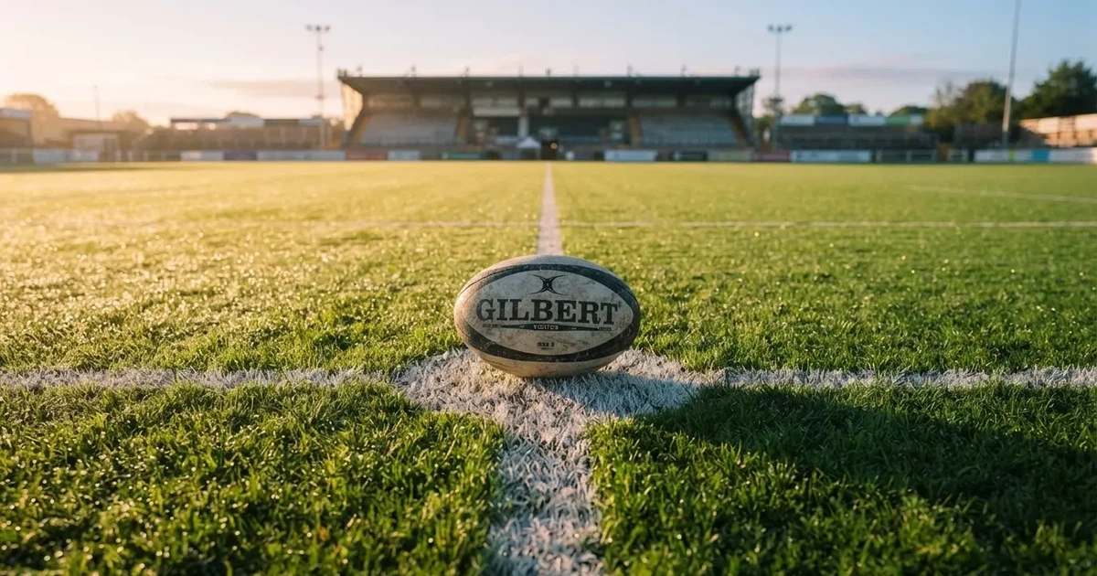 A ball on the centre spot of a grass pitch in morning light