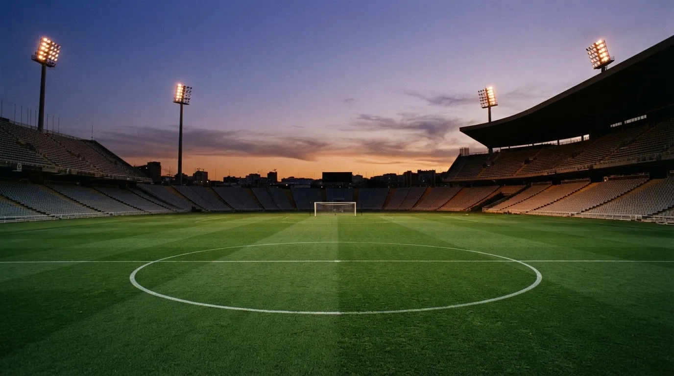 An empty football stadium with floodlight masts at dusk