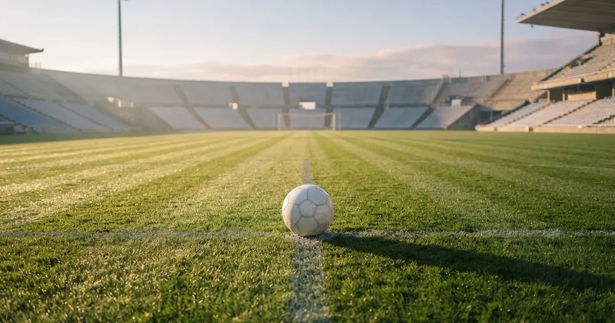 A ball on the centre spot of a grass pitch in morning light