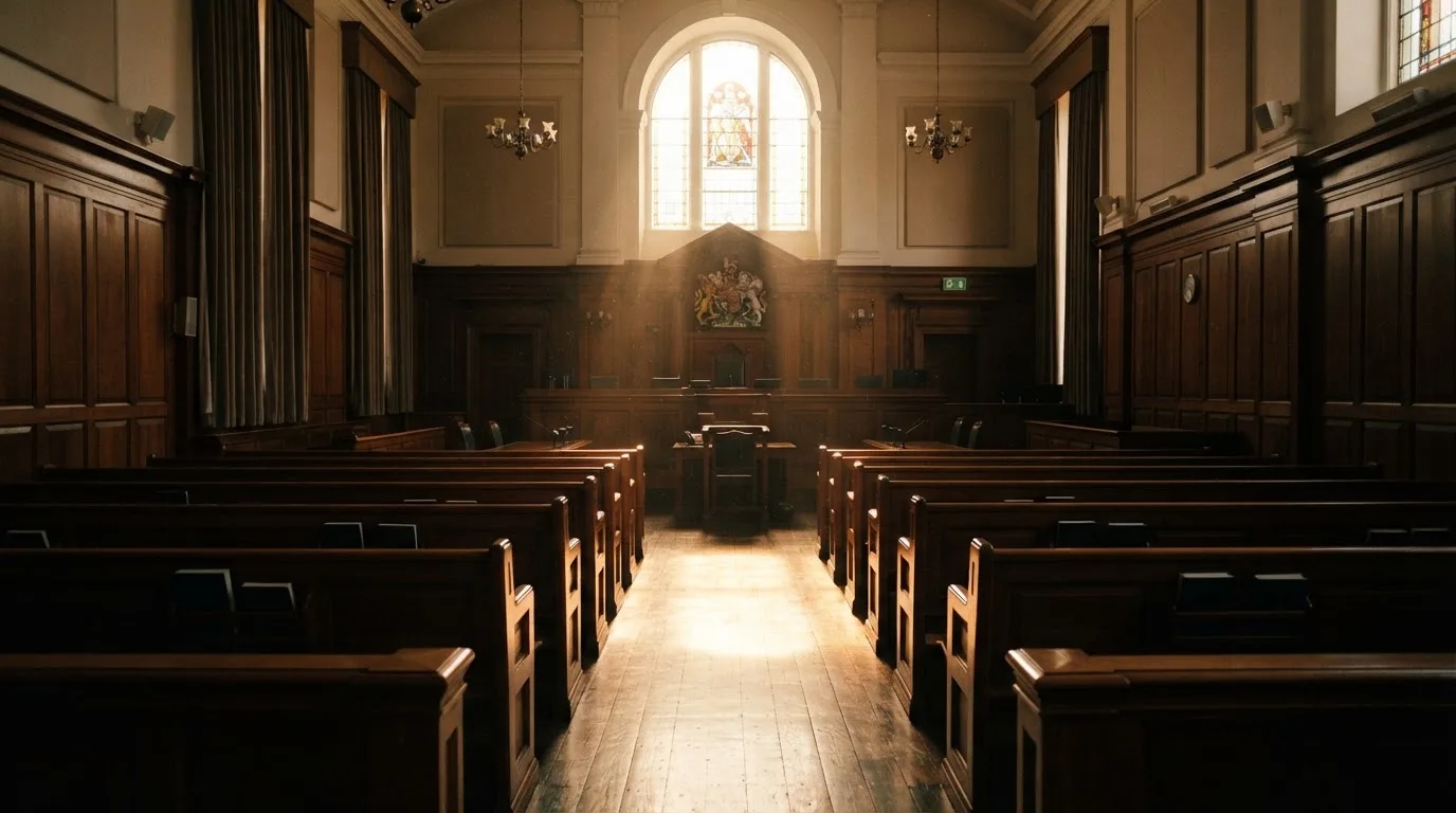 An empty courtroom with wooden benches in morning light